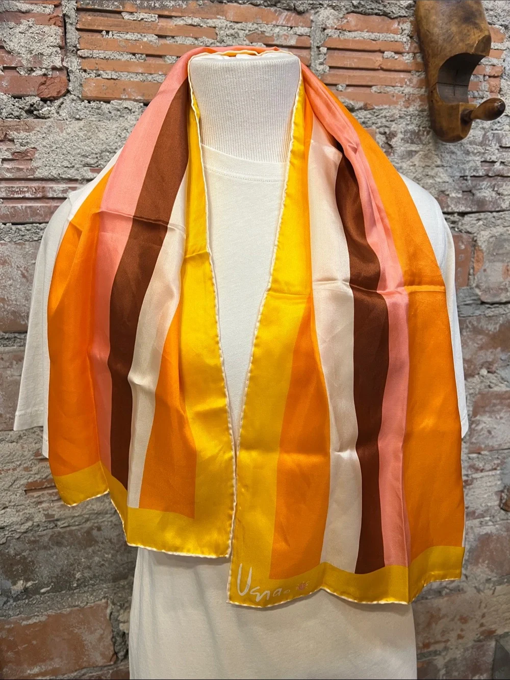 Vintage Vera Neumann silk Oblong Scarf hand rolled mustard orange pink & brown